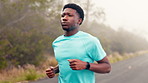 Fitness, nature and black man running outdoor for workout, training or health on mountain. Sports, wellness and African male athlete with cardio exercise in forest with challenge, active or energy.