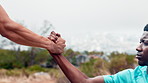 Mountain, help and hands of people for fitness, hiking and exercise for adventure in nature. Athlete, friends and men with support for workout, trekking or training together for health or wellness