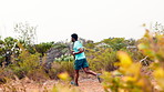 Fitness, mountain and black man outdoor with running, workout or training for marathon or race. Health, sports and male athlete with cardio exercise for wellness, active or body goals in countryside.