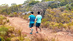 Running, friends and men in nature for fitness, exercise and cardio workout for wellness. Athlete, mountain and people on outdoor trail with active hobby for health, endurance and runner challenge