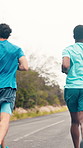 Nature, running and back people on mountain for fitness, workout or health in morning together. Wellness, pace and athletes with cardio exercise for challenge, active or training outdoor on trail.