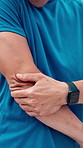 Hands, elbow pain and injury in nature with fitness, joint inflammation and break for exercise in summer. Person, outdoor and arthritis with tendinitis, fibromyalgia and fatigue with trail running