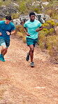Fitness, men and running challenge on mountain for marathon practice, stamina or cardio workout. Runners, team and jog on nature trail for physical endurance, sports performance and intense exercise
