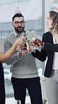 Toast, success and champagne with business people in office for company bonus, team and goal. Cheers, community and achievement with employees at company party for drinking, support and celebration