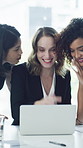 Excited, business and people with laptop in office for good news, real estate success and celebration. Team, hug and notification with pc for property deal, realtor achievement and auction milestone