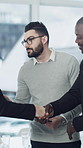 Handshake, meeting and business people in office for partnership, agreement and finance deal. Corporate, clients and workers shaking hands for investment opportunity, financial contract and greeting