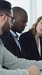 Talking, laptop and business people in meeting for finance proposal, investment decision and planning. Office, boardroom and workers on computer for research, audit review and financial report