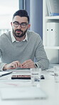 Feedback, meeting and discussion with business man in office for teamwork, budget review and audit. Planning, investor report and workshop with employees in agency for revenue, talk and research