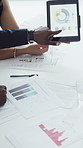 Hands, documents and business people on tablet for finance report, growth and research for investment. Meeting, team and workers with paperwork, chart and tech for financial projection in office