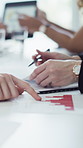 Hands, documents and business people with graphs for finance report, growth and research for investment. Meeting, team and workers with paperwork, chart and stats for financial projection in office