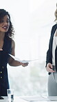 Speaker, meeting and documents with business people in office for teamwork, budget review or audit. Planning, investor report and workshop with employees in agency for revenue, paperwork and research