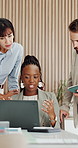 Office, meeting and people with laptop, research and risk assessment for financial growth and online. Corporate, group and planning for business development, investment banker and teamwork with tech