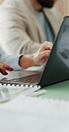Hands, research and laptop with business woman in office for typing, broker report and account manager. Coworking, investment review and budget admin with person in financial agency for portfolio