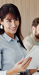 Happy, mature woman and talk with paperwork, office and meeting for financial growth and discussion. Corporate, people and planning for business development, investment banker and risk management