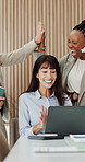 Clapping, laptop and business people in office with high five for good news, collaboration or investment approval. Happy, celebration and financial advisors with applause for finance achievement.