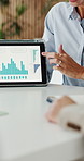 Hands, talking and investor with woman, tablet screen for revenue charts and profit stats. Financial advisor, employee and people in workplace, tech and graphs for economy growth or stock market info