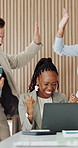 Applause, laptop and business people in office with high five for good news, collaboration or investment approval. Happy, celebration and team of financial advisors clapping for finance achievement.