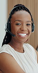 Happy woman, face and agent with headset in call center for customer service or enquiry.  Portrait, female person or friendly consultant with smile, mic or team for virtual asssistance or help agency