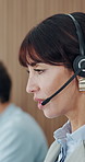 Call center, headset and woman in office, feedback and consultation for system solution. Mature person, help desk and employee in workplace, talking and advice for customer support, crm or contact us