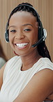 Happy woman, face and agent with headset for customer service or enquiry in call center.  Portrait, female person or friendly consultant with smile, mic or team for virtual asssistance or help agency