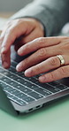 Hands, business and person with laptop in office for research, email client and real estate. Realtor, typing and pc for browsing website, property price and online information for auction negotiation
