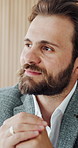 Thinking, planning and businessman in office for solution, brainstorming or reflection on finance project. Professional, problem solving and male financial manager with ideas, decision or choice.