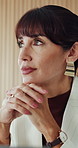 Thinking, planning and businesswoman in office for ideas, brainstorming or reflection on finance project. Professional, problem solving and female financial manager with solution, decision or choice.