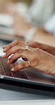 Laptop, hands and typing in office for copywriting, newsletter and story research on internet. Computer, content writer and person with keyboard in workplace for ad campaign, business and coworking