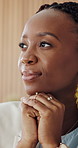 Thinking, planning and black woman in office for ideas, brainstorming or reflection on finance project. Professional, problem solving and African financial manager with solution, decision or choice.