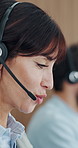 Call center, headset and woman in office, smile and conversation for system solution. Mature person, talking and employee in workplace, help desk or feedback for customer support, crm or consultation