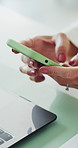 Financial advisor, hands and woman in workplace, smartphone for social media and message to contact. Person, texting and investor in office, typing and cellphone and digital app for communication