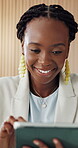 Happy, business and black woman with tablet in office for research, email client and real estate. Smile, female person and tech to review schedule, price property and online inquiry of resale listing