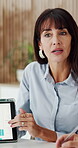 Tablet, meeting and speaker with business woman in office for investor feedback, trading and report. Stakeholder chart, account discussion and planning with people in finance agency for research