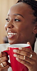 Happy, thinking and coffee with business black woman in office for reflection, beverage or vision. Perspective, drinking tea and smile with female employee in agency for brainstorming and inspiration