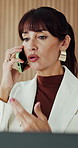 Phone call, discussion and business woman in office for negotiation, investment deal and contact. Corporate, talking and person on smartphone for financial proposal, partnership and budget agreement