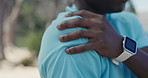 Hand, outdoor and man with shoulder pain, exercise for health benefits and joint injury. Person, nature and hiker with muscle tension, sore and inflammation with fitness, workout accident and massage