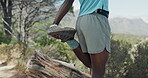 Fitness, start or legs in nature with stretch, mobility or injury prevention in physical activity. Sport, balance or man on trail with preparation, thigh exercise or muscle improvement in warm up.