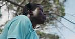 Breathe, tired or black man in forest, fitness for health benefits or challenge for trekking. Nature, person and runner in woods, dehydration or rest for training, endurance or exhausted with burnout