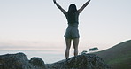 Back, celebration or woman with ocean view, hiking for challenge or milestone for fitness. Nature, hiker or person with journey, seaside or arms up for training, excited and achievement for endurance