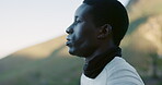 Fitness, thinking or black man with breath for break, outdoor or hiking adventure for exercise reflection. Fresh air, hiker or person with rest for trekking workout, scenic view or nature perspective