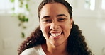 Laugh, skincare and face of woman in bathroom at apartment for glow, natural or dermatology. Smile, health and portrait of female person in home for facial wellness, beauty or cosmetics in Mexico.