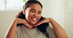 Happy, beauty and face of woman in bathroom at apartment for glow, natural or dermatology. Smile, health and portrait of female person in home for facial wellness, skincare or cosmetics in Mexico.