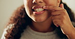 Checking, mouth and teeth of woman in bathroom for dental hygiene pride, results or satisfaction. Dentistry, inspection and oral care with person in home for cleaning benefits or wellness routine