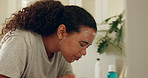 Washing face, skincare and woman in bathroom, water splash for cleaning and routine for facial hygiene. Wet, aqua and person in home, wellness and liquid for health benefits, process and grooming