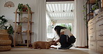 Home, woman and stroke eating dog for bonding together, pet adoption and domestic companion. Loyalty, happy fur mom and affection to hungry animal on floor for connection, foster care and protection