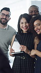 Office, team and picture of businesswoman with award, memory or celebration for milestone with group. Achievement, recognition and people with smile for trophy, image and photography with colleagues
