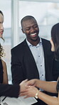 Handshake, meeting and thank you with business people in office for teamwork, budget review and audit. Planning, investor report and workshop with employees in agency for revenue and shaking hands