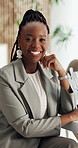 Happy, professional and face of black woman in office with confidence for finance career. Smile, job opportunity and portrait of African female financial advisor with pride for company about us.