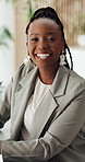 Smile, professional and face of black woman in office with confidence for finance career. Happy, job opportunity and portrait of African female financial advisor with pride for company about us.