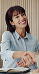 Paperwork, woman and shaking hands in office for writer, news reporting and project update. Publishing agency, journalist and proposal for creative article, handshake and internship in newsroom